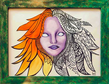 A dark really blue-green frame with warm gold undertones beneath the distressed color wash for this wild and haunting painting