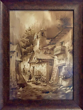 The shape of this frame mirrors the rooflines and planes of the buildings in this Peruvian painting